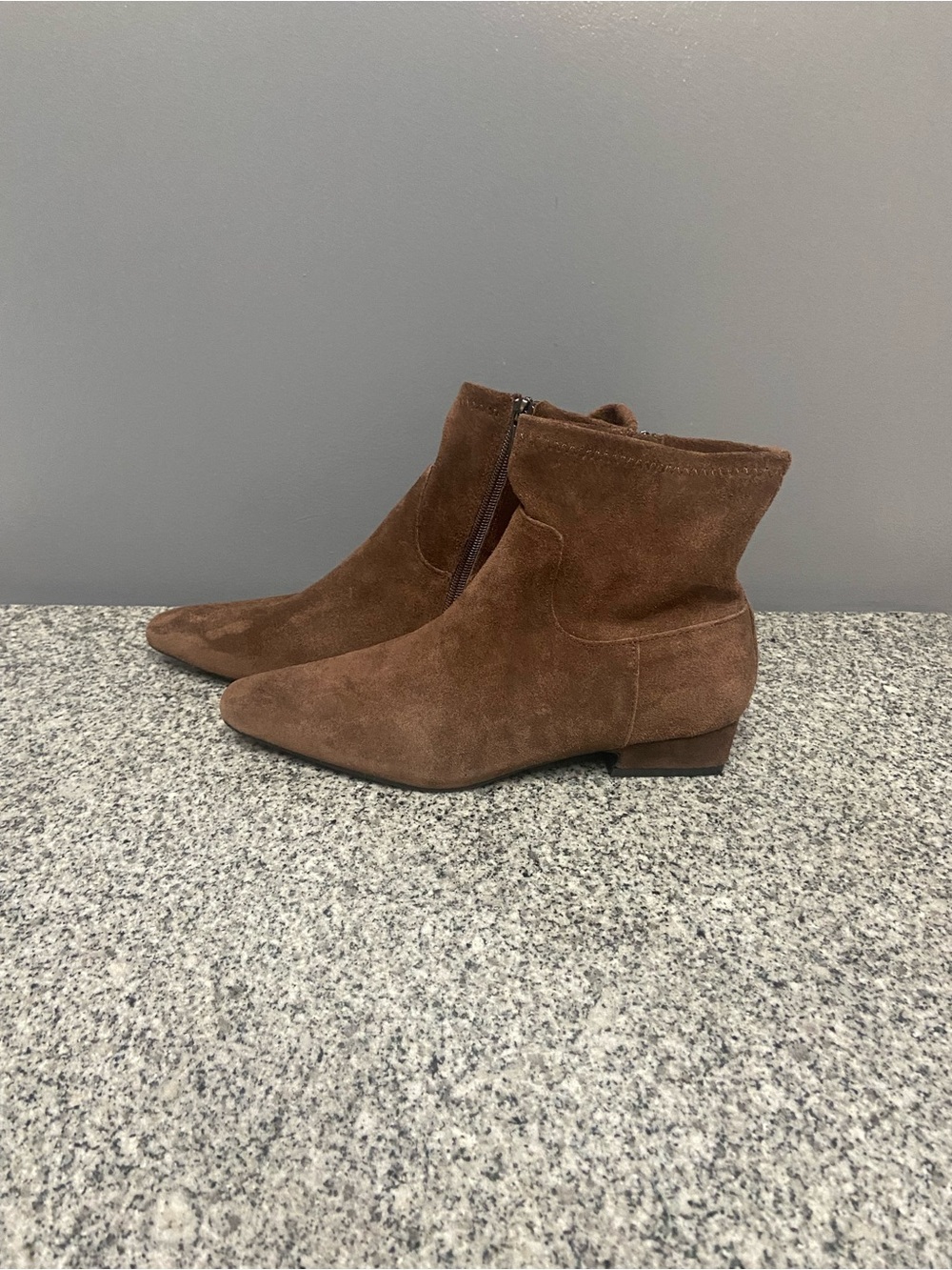 New JASON WU Kolin Brown Suede Pointed Toe Ankle Booties Side Zip Low Heel 9
